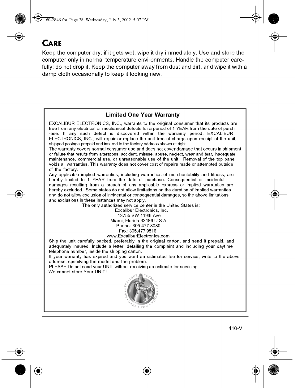 EXCALIBUR 410-V Talking E-Chess User Manual | Page 28 / 28