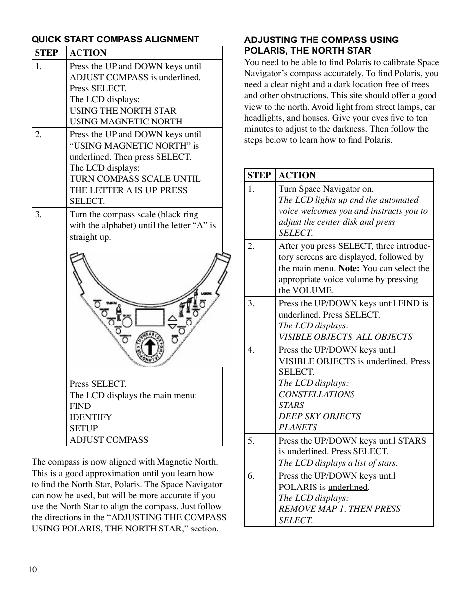 Adjusting the compass | EXCALIBUR 765 Space Navigator User Manual | Page 10 / 20