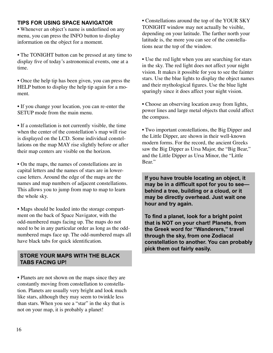 Tips for using space navigator | EXCALIBUR 765 Space Navigator User Manual | Page 16 / 20