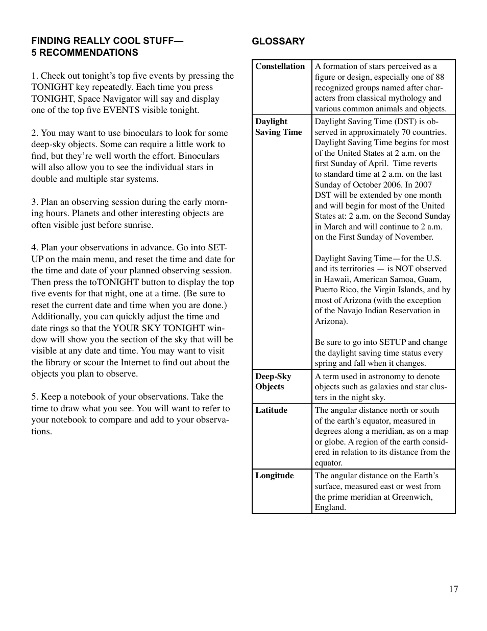 Finding really cool stuff, Glossary | EXCALIBUR 765 Space Navigator User Manual | Page 17 / 20