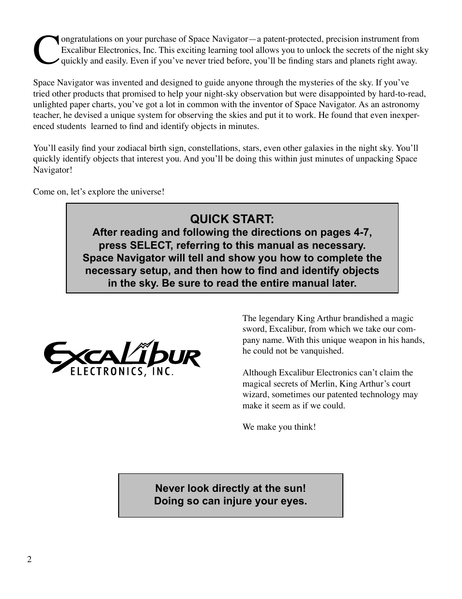 Quick start | EXCALIBUR 765 Space Navigator User Manual | Page 2 / 20