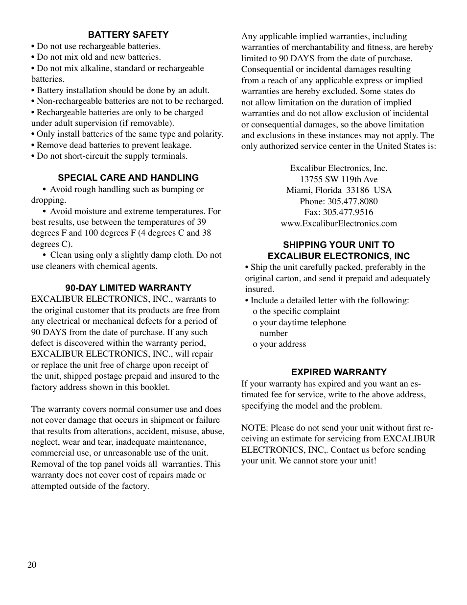 EXCALIBUR 765 Space Navigator User Manual | Page 20 / 20