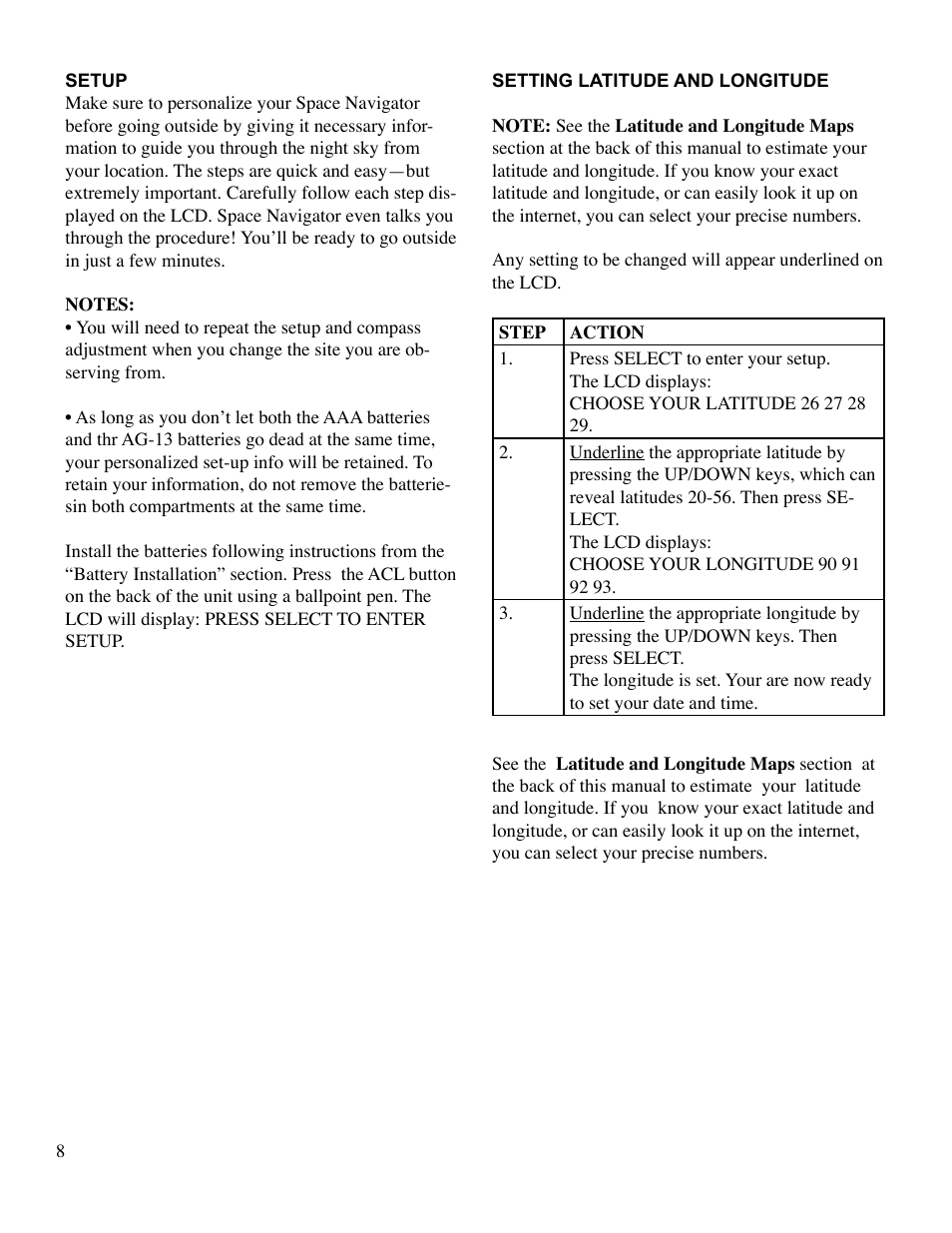 Set-up | EXCALIBUR 765 Space Navigator User Manual | Page 8 / 20