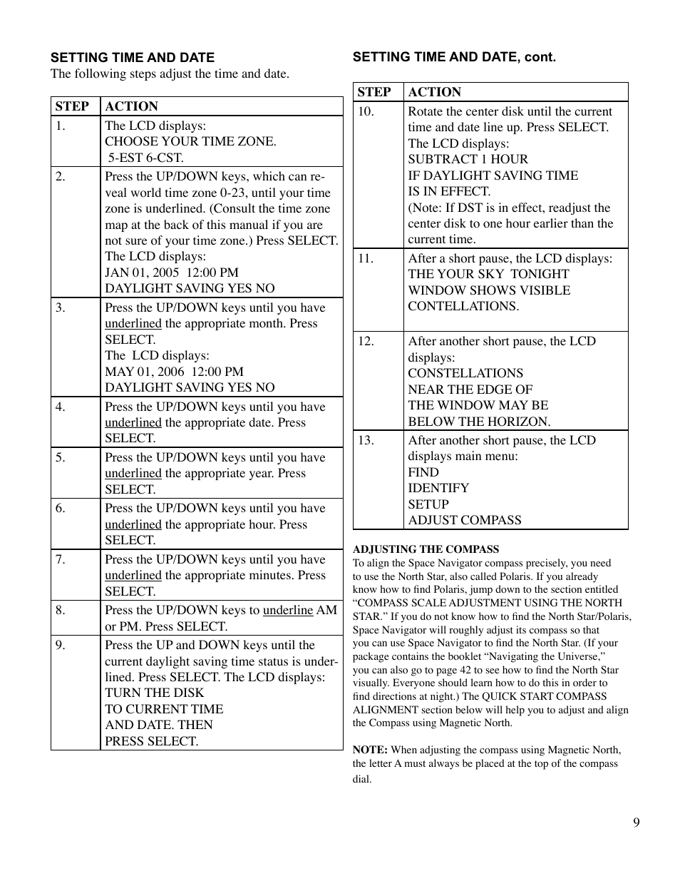 Setting time and date | EXCALIBUR 765 Space Navigator User Manual | Page 9 / 20