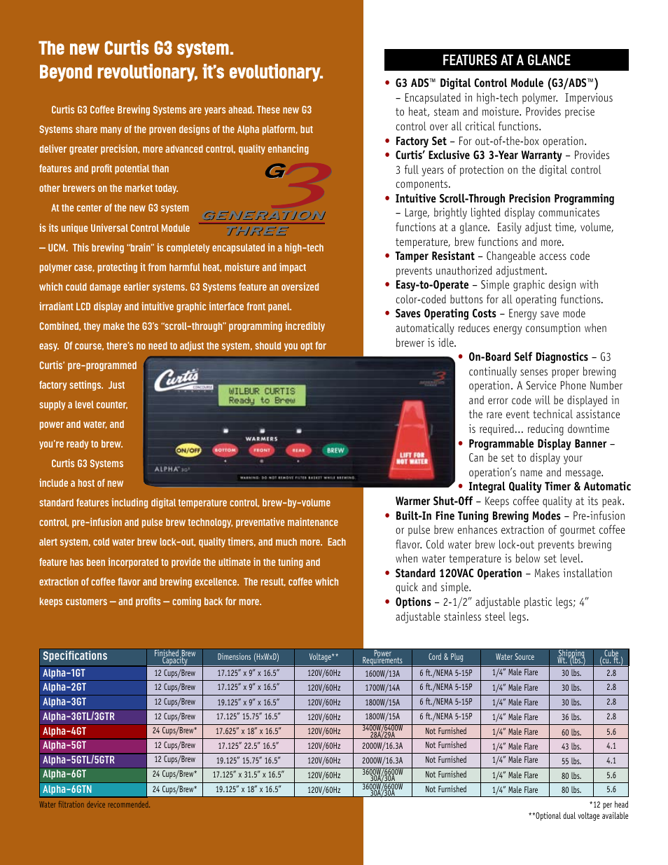 Features at a glance | Curtis ALPHA 5GTR/L User Manual | Page 2 / 4
