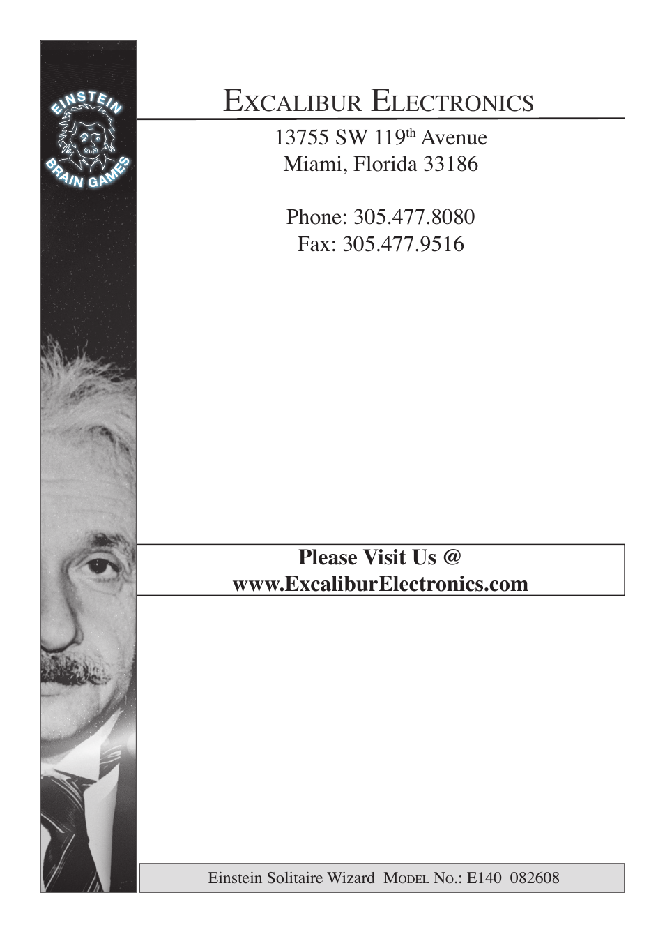 EXCALIBUR E140 Einstein Solitaire Wizard User Manual | Page 8 / 8