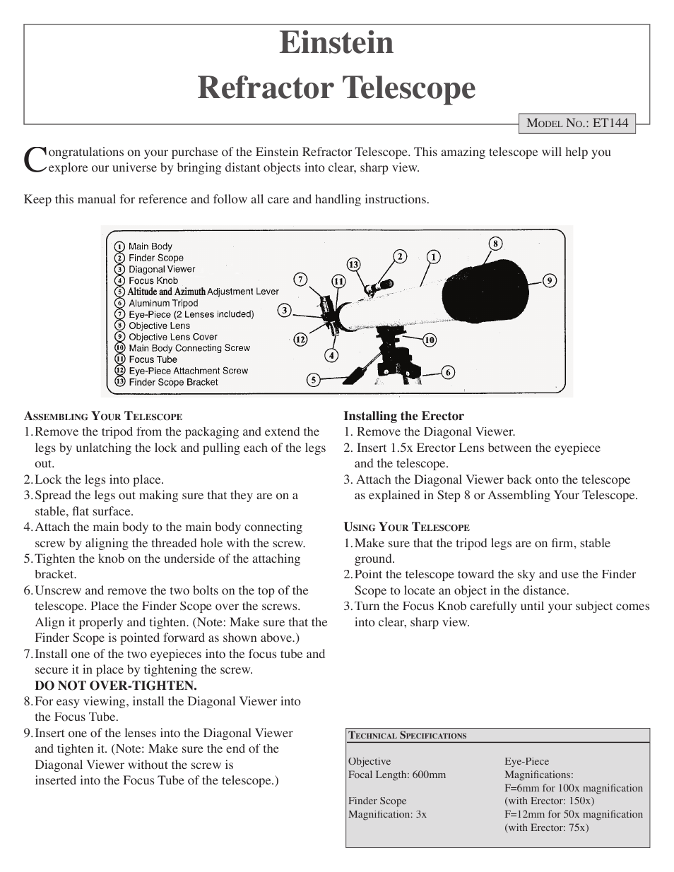 EXCALIBUR ET144 Einstein Telescope Kit User Manual | 2 pages