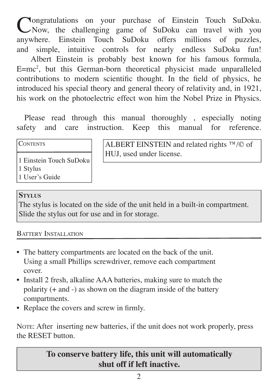 EXCALIBUR ET450 Einstein Eye Trainer User Manual | Page 2 / 12