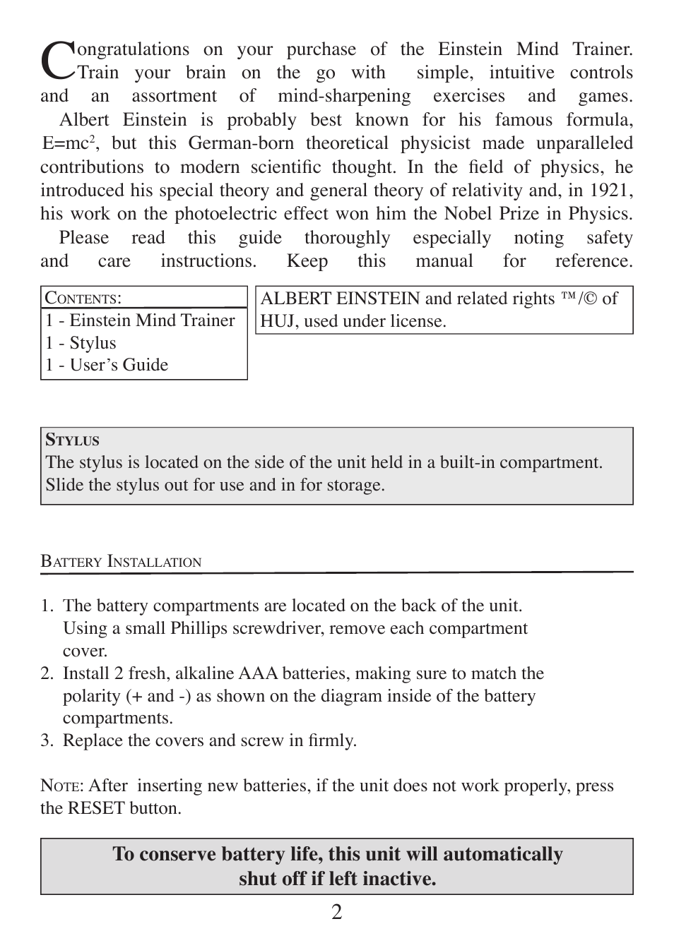 EXCALIBUR ET460 Einstein Mind Trainer User Manual | Page 2 / 12