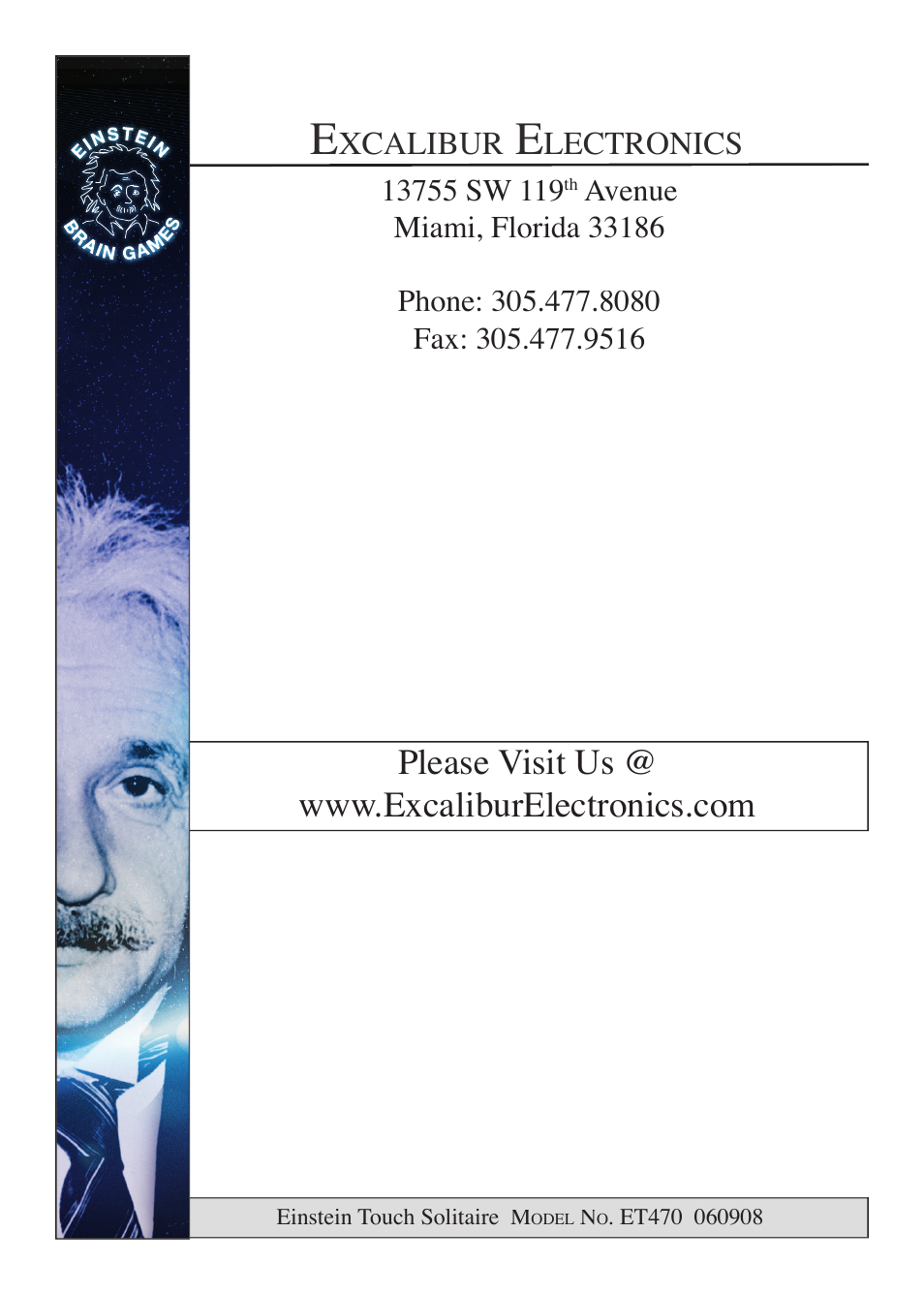 EXCALIBUR ET470 Einstein Touch Solitaire User Manual | Page 12 / 12