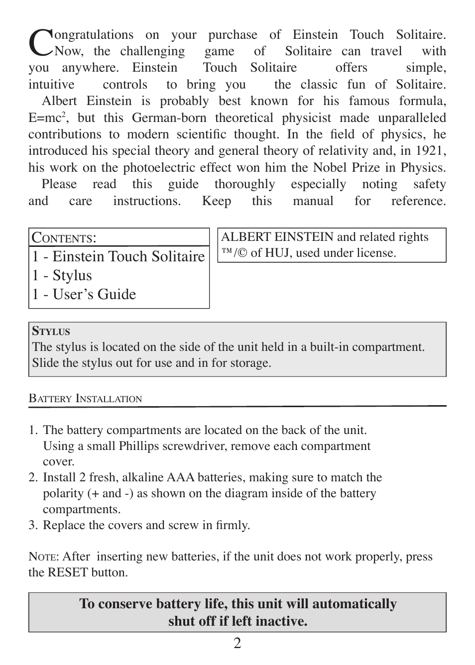 EXCALIBUR ET470 Einstein Touch Solitaire User Manual | Page 2 / 12