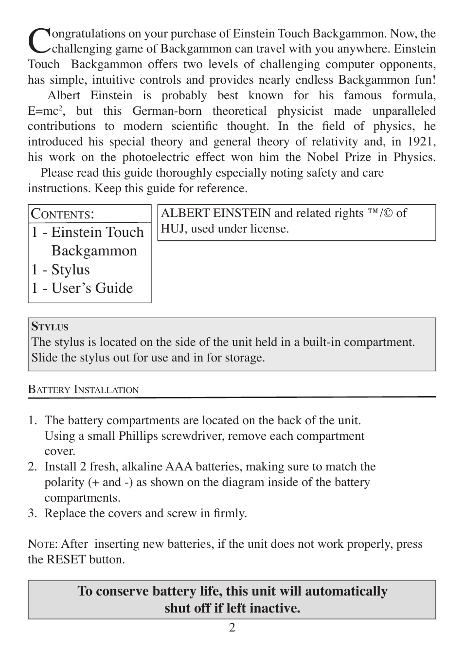 EXCALIBUR ET477 Einstein Touch Backgammon User Manual | Page 2 / 12