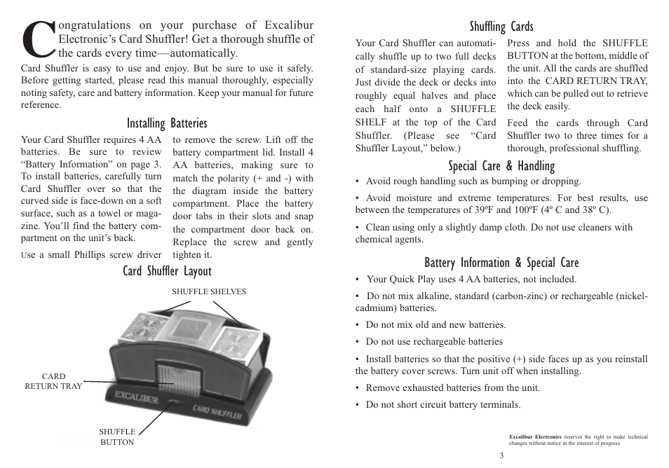 Installing batteries, Shuffling cards, Special care & handling | EXCALIBUR 425 Excalibur Electronic Pro Shuffle User Manual | Page 2 / 3