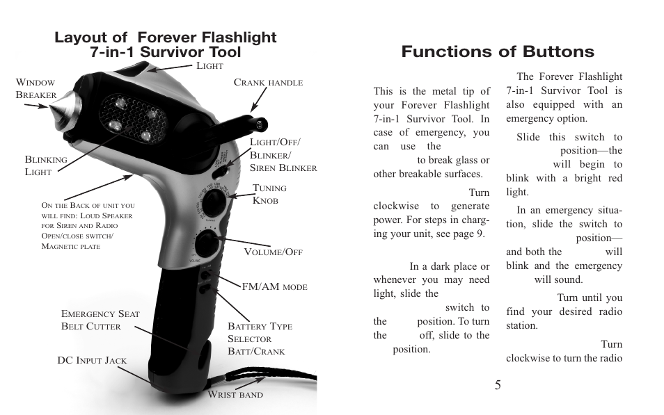 Functions of buttons, Layout of forever flashlight 7-in-1 survivor tool | EXCALIBUR 9013 Forever Flashlight 7-in-1 Survivor Tool User Manual | Page 3 / 11