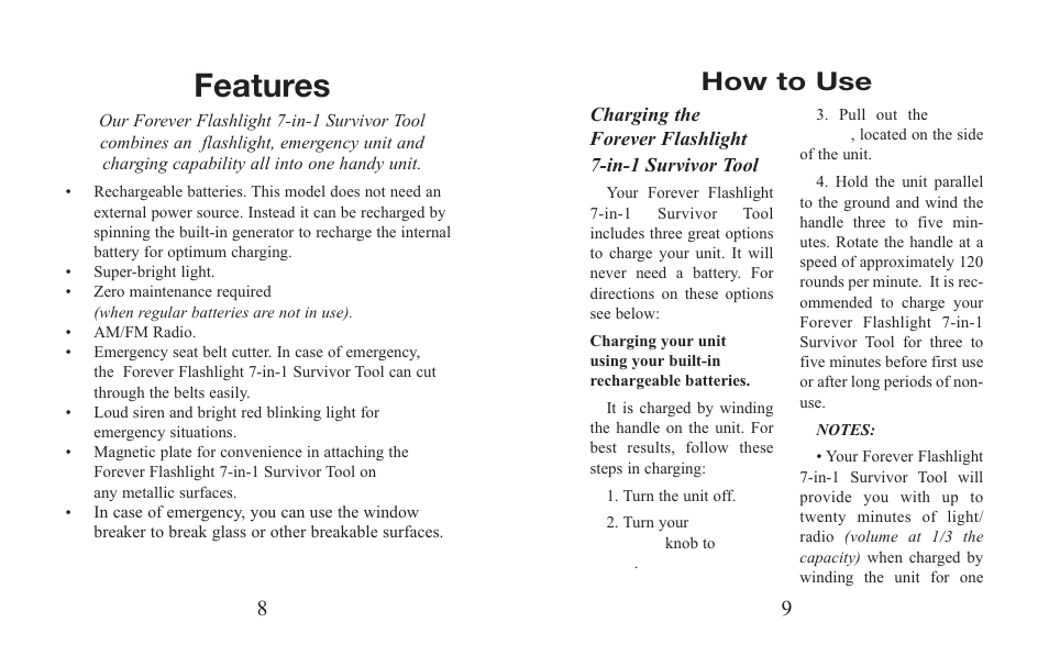 Features, How to use | EXCALIBUR 9013 Forever Flashlight 7-in-1 Survivor Tool User Manual | Page 5 / 11