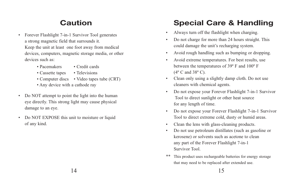 Special care & handling, Caution | EXCALIBUR 9013 Forever Flashlight 7-in-1 Survivor Tool User Manual | Page 8 / 11