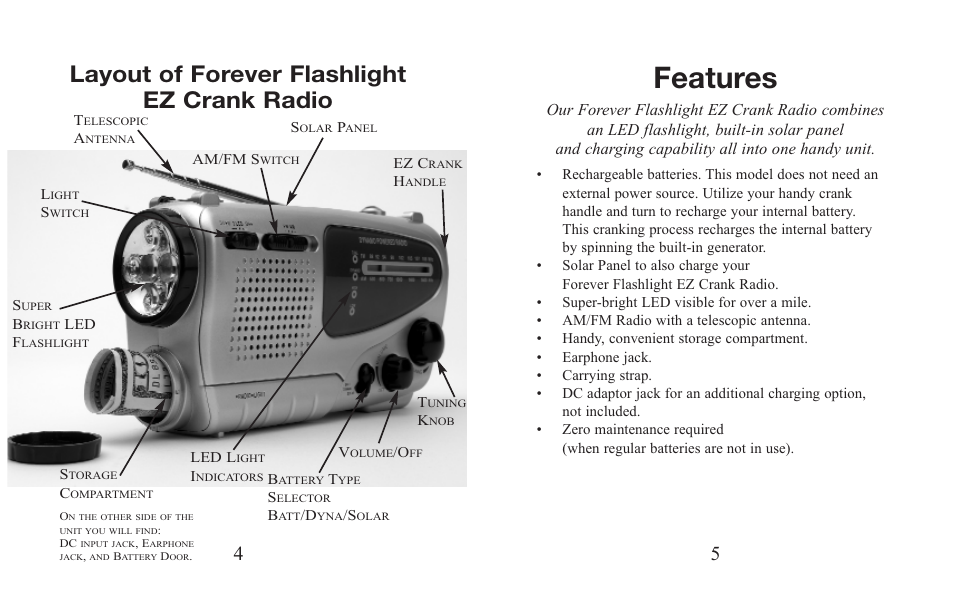 Features, Layout of forever flashlight ez crank radio | EXCALIBUR H690 Forever Flashlight  EZ Crank Radio User Manual | Page 3 / 9