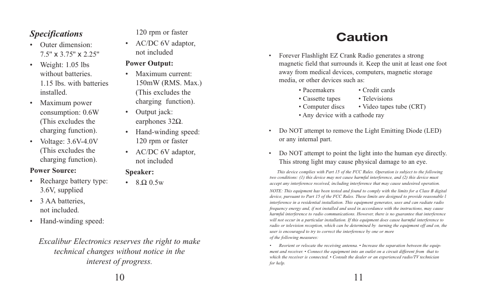 Caution, Specifications | EXCALIBUR H690 Forever Flashlight  EZ Crank Radio User Manual | Page 6 / 9