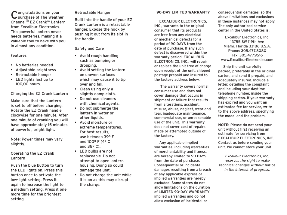 EXCALIBUR H701BK-WC TWC EZ Crank Lantern User Manual | Page 2 / 3