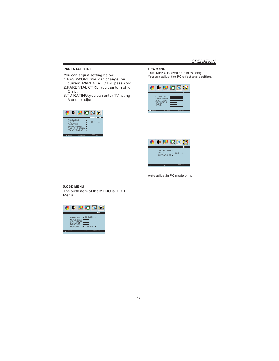 Operation, The sixth item of the menu is osd menu, Osd menu | Curtis LCDVD194 User Manual | Page 17 / 37