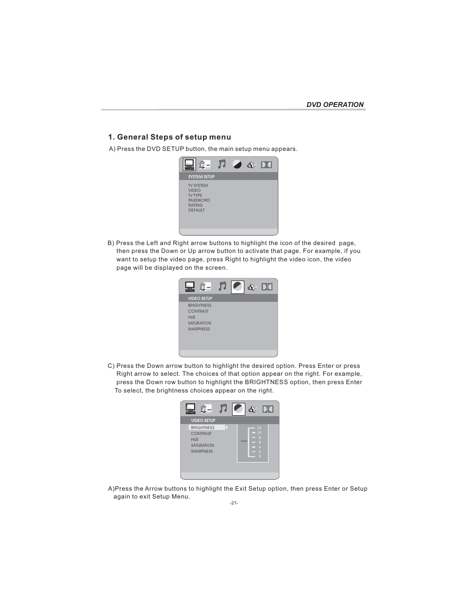 General steps of setup menu, Dvd operation | Curtis LCDVD194 User Manual | Page 22 / 37