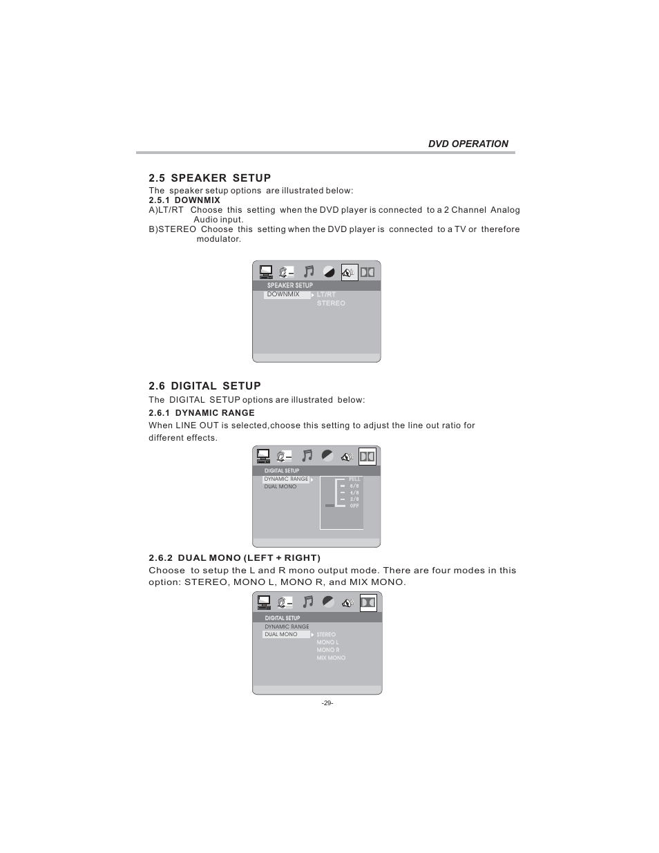 5 speaker setup, 6 digital setup, Dvd operation | Curtis LCDVD194 User Manual | Page 30 / 37
