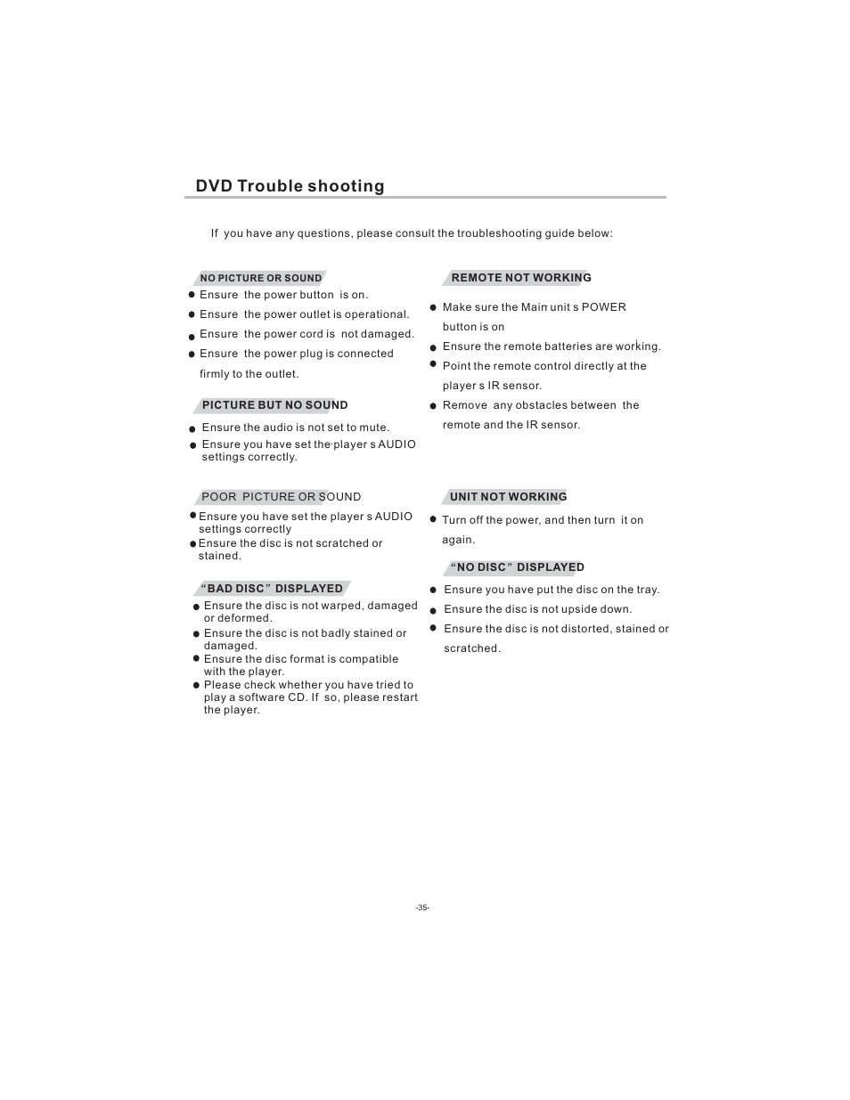 Dvd trouble shooting | Curtis LCDVD194 User Manual | Page 36 / 37