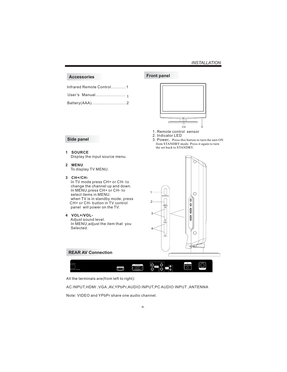 Installation, Accessories front panel, Rear av connection | Side panel | Curtis LCDVD194 User Manual | Page 9 / 37