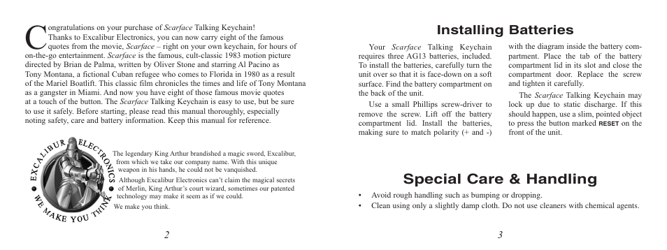 Special care & handling, Installing batteries | EXCALIBUR K23 Scarface Talking Keychain User Manual | Page 2 / 5