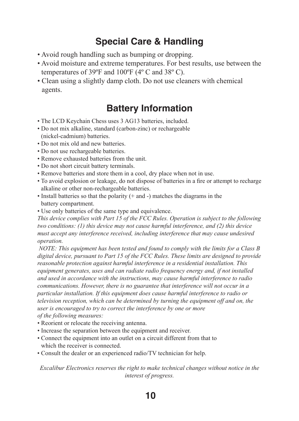 10 special care & handling, Battery information | EXCALIBUR 410K-CS LCD Keychain Chess User Manual | Page 10 / 13