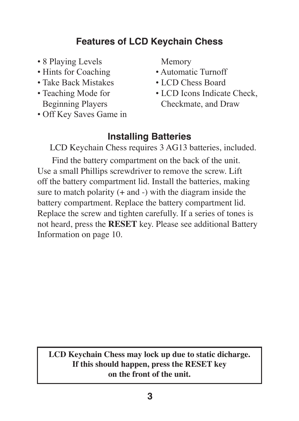 EXCALIBUR 410K-CS LCD Keychain Chess User Manual | Page 3 / 13