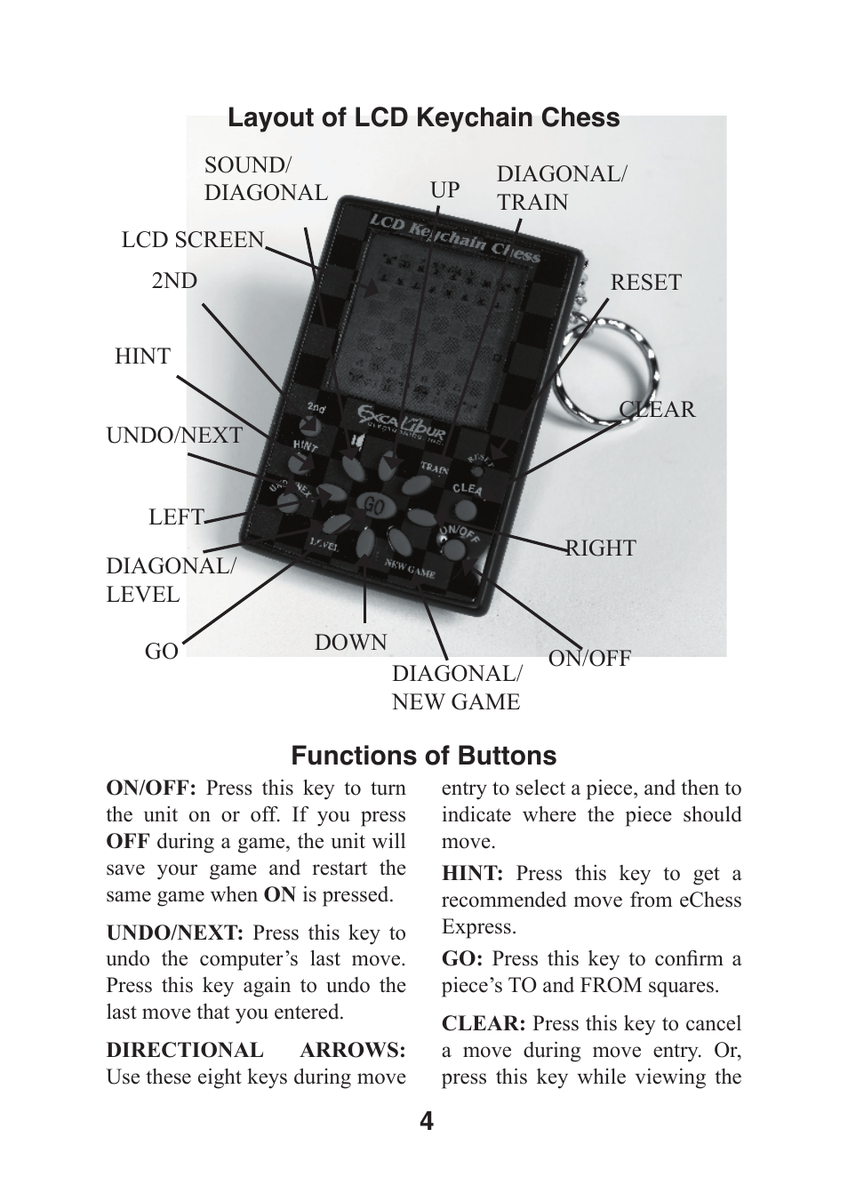 EXCALIBUR 410K-CS LCD Keychain Chess User Manual | Page 4 / 13