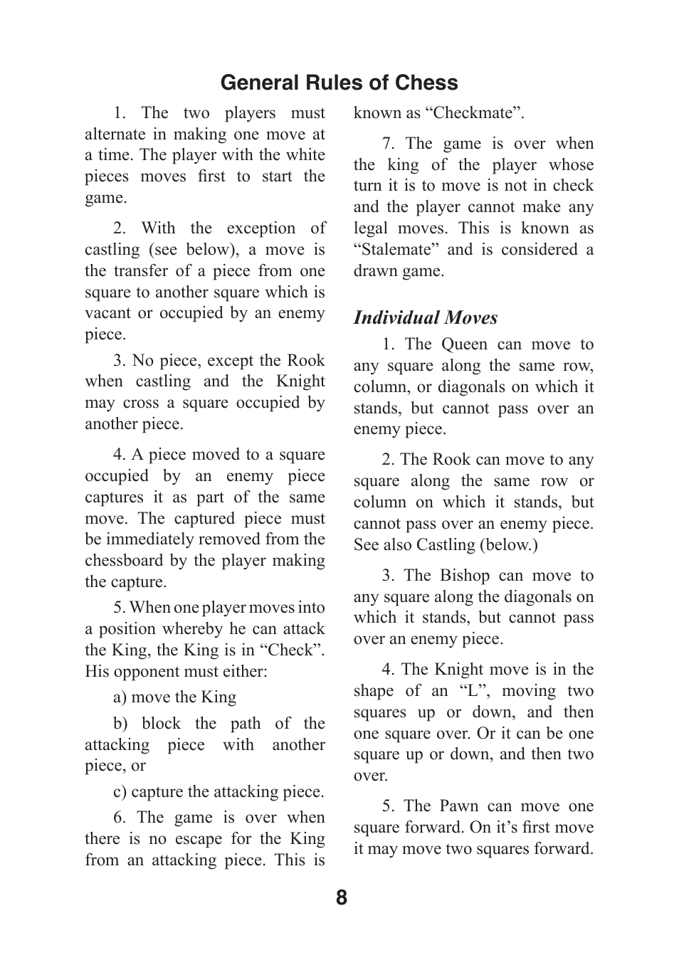 8general rules of chess | EXCALIBUR 410K-CS LCD Keychain Chess User Manual | Page 8 / 13