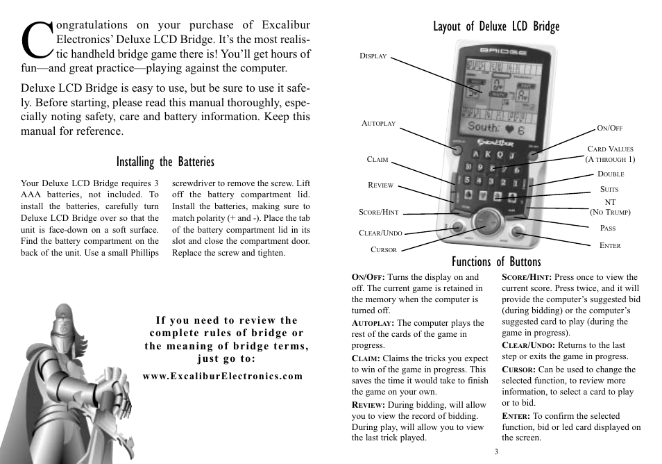 Installing the batteries, Layout of deluxe lcd bridge, Functions of buttons | EXCALIBUR 417-D Deluxe LCD Bridge User Manual | Page 2 / 5