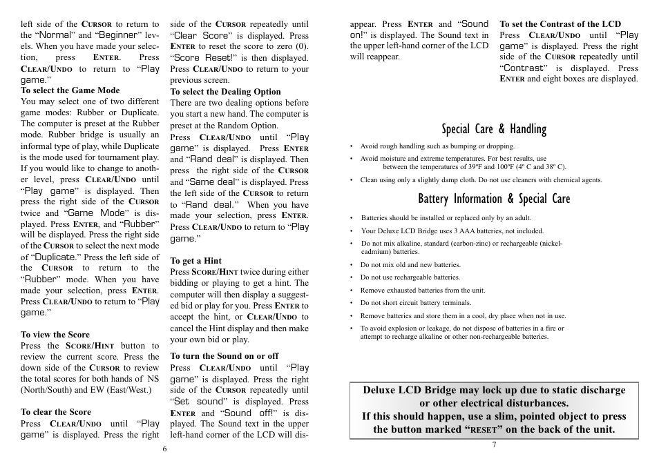 Special care & handling, Battery information & special care | EXCALIBUR 417-D Deluxe LCD Bridge User Manual | Page 4 / 5