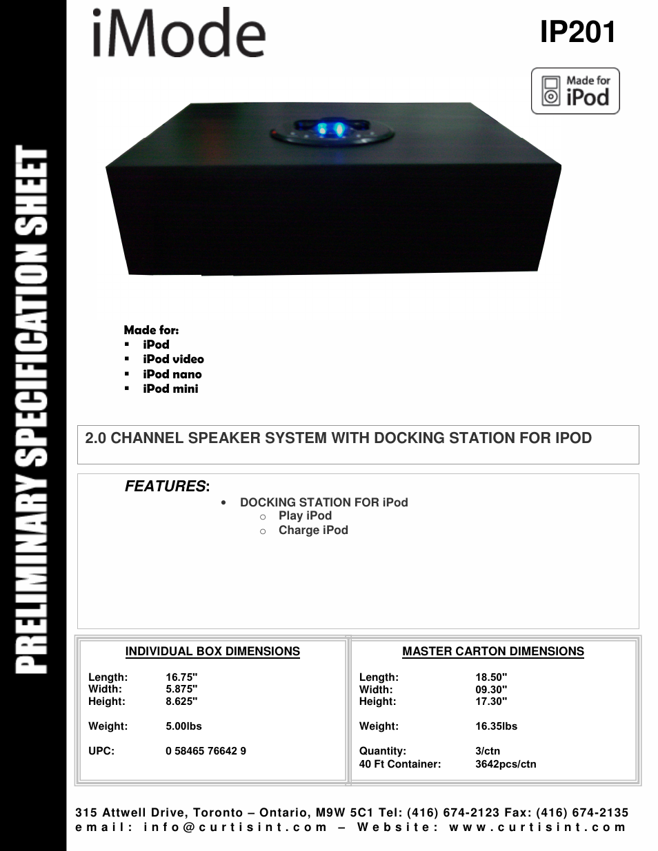 Curtis IP201 User Manual | 1 page