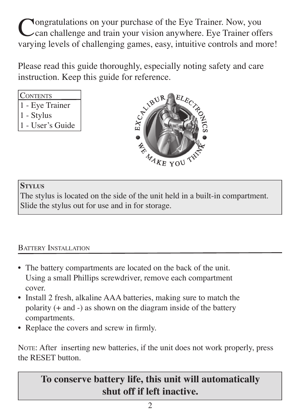 EXCALIBUR 451 Touch Screen Eye Trainer User Manual | Page 2 / 16