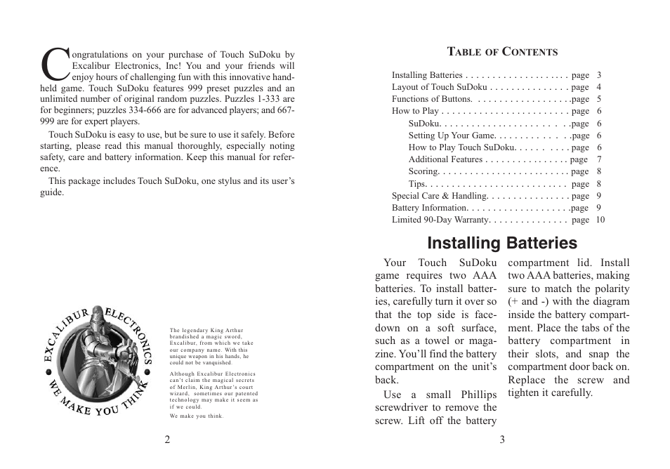 Installing batteries | EXCALIBUR 453K Executive Touch Sudoku User Manual | Page 2 / 7