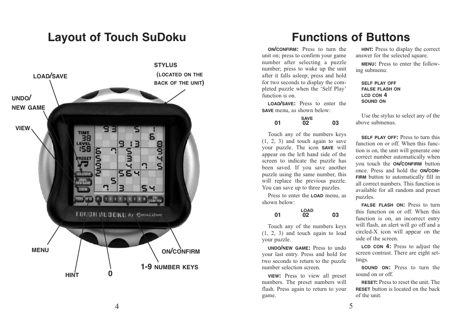 Functions of buttons, Layout of touch sudoku | EXCALIBUR 453K Executive Touch Sudoku User Manual | Page 3 / 7