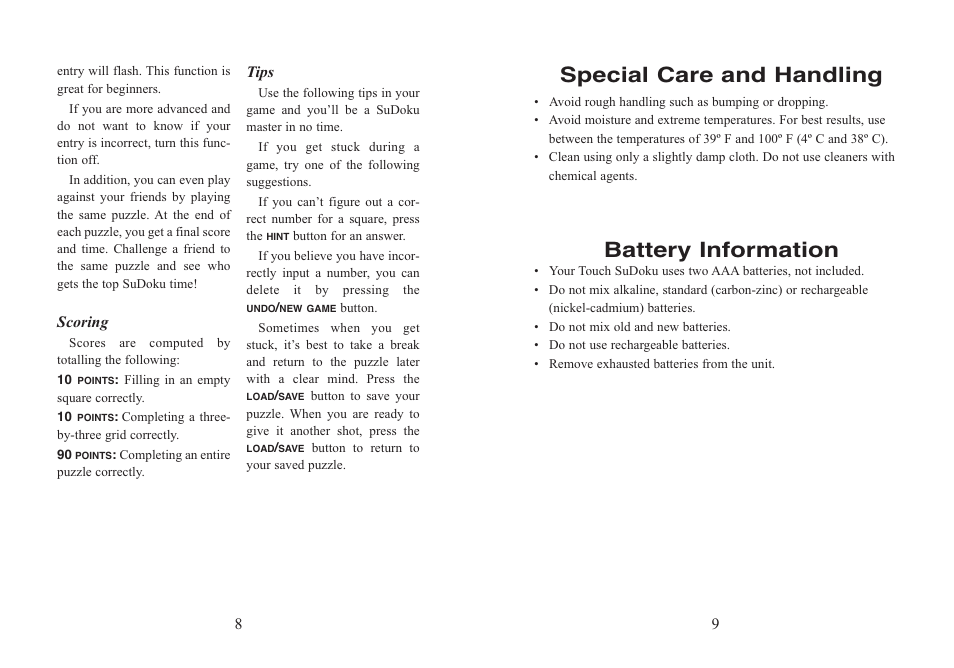 Special care and handling, Battery information | EXCALIBUR 453K Executive Touch Sudoku User Manual | Page 5 / 7