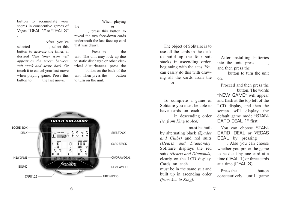 Getting started with touch screen solitaire, Layout of touch screen solitaire screen | EXCALIBUR 470-ET Touch Screen Solitaire User Manual | Page 4 / 9