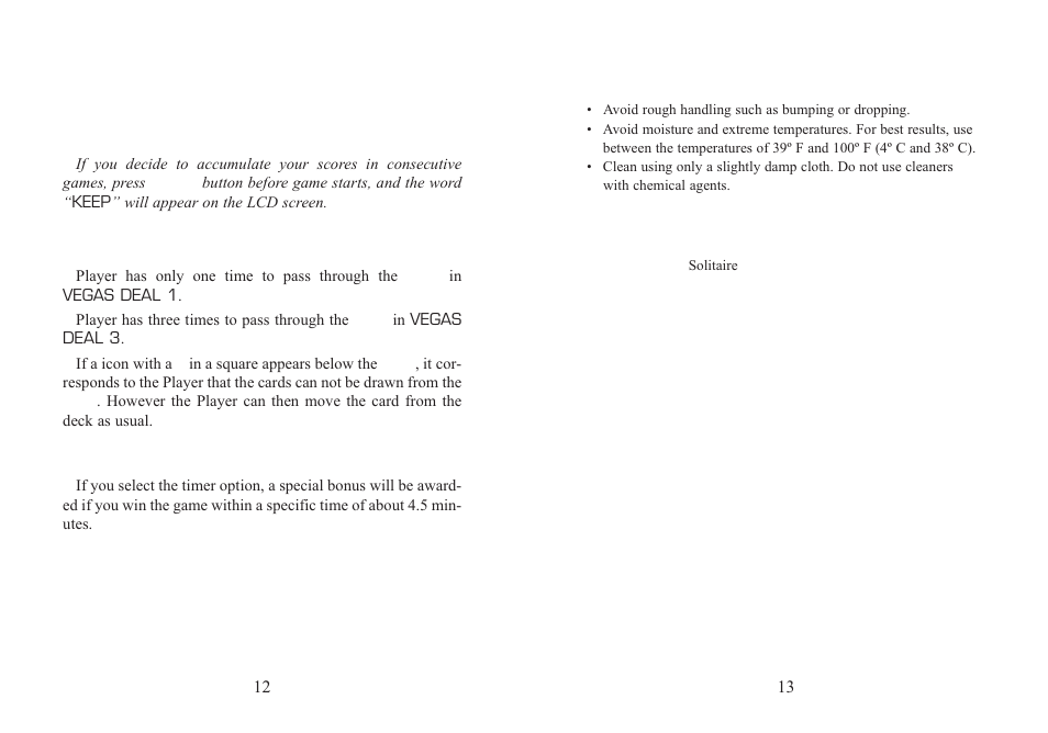 Scoring system (continued), Special care and handling, Battery information | EXCALIBUR 470-ET Touch Screen Solitaire User Manual | Page 7 / 9
