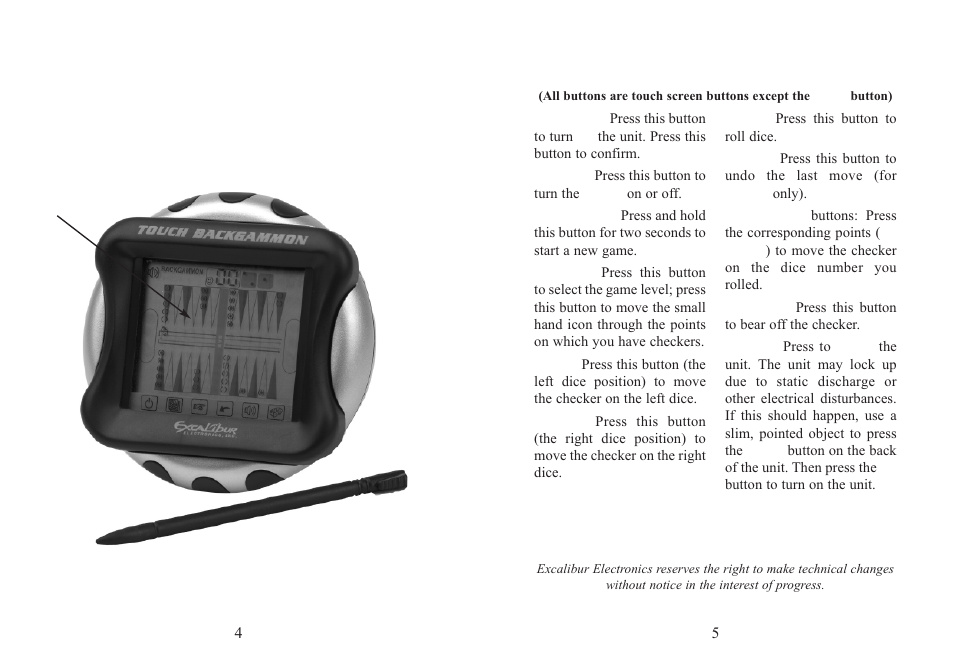 EXCALIBUR 477-ET Touch Screen Backgammon User Manual | Page 3 / 7