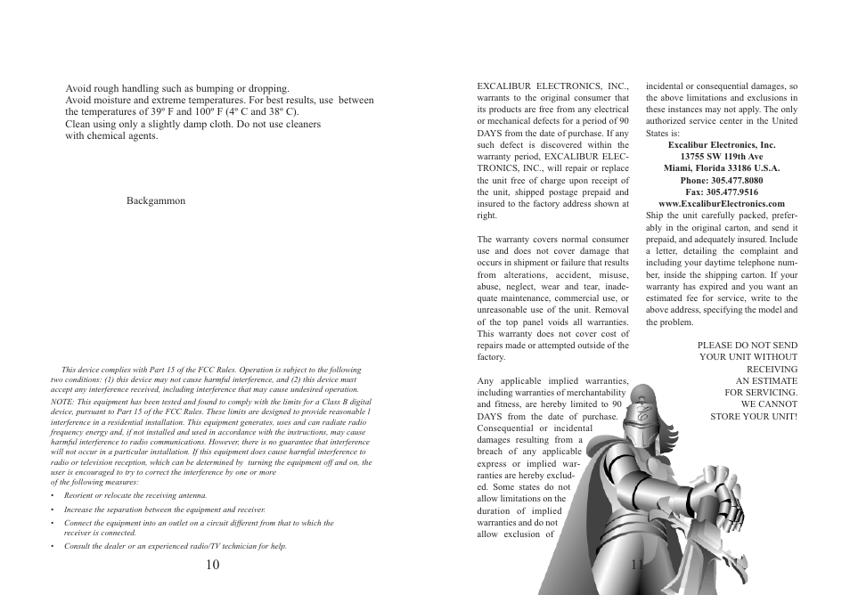 Special care and handling, Battery information | EXCALIBUR 477-ET Touch Screen Backgammon User Manual | Page 6 / 7