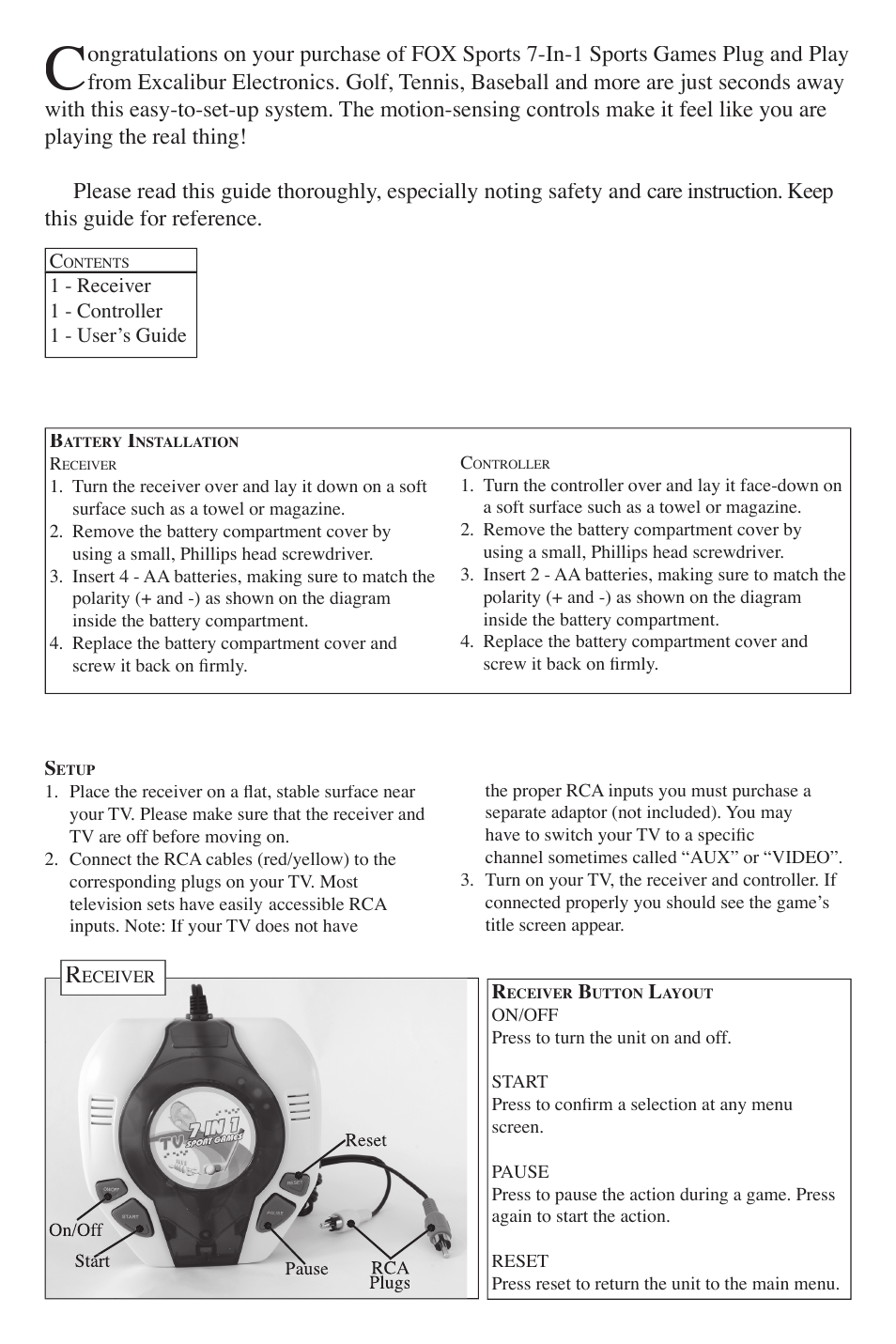 EXCALIBUR FX-VR206 Fox Sports 7-in-1 Plug & Play User Manual | Page 2 / 8