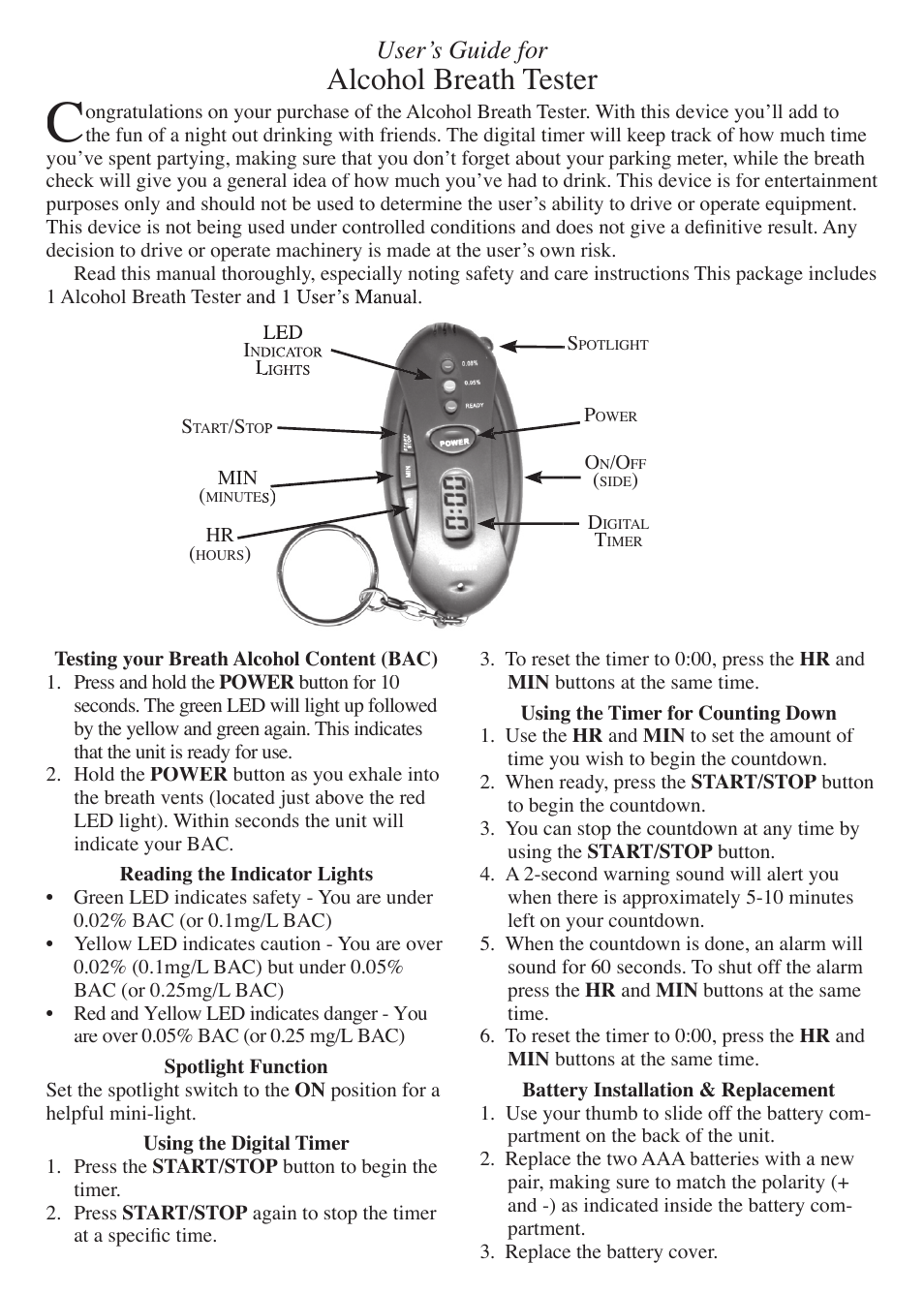 EXCALIBUR 681CS Alcohol Breath Tester User Manual | 2 pages