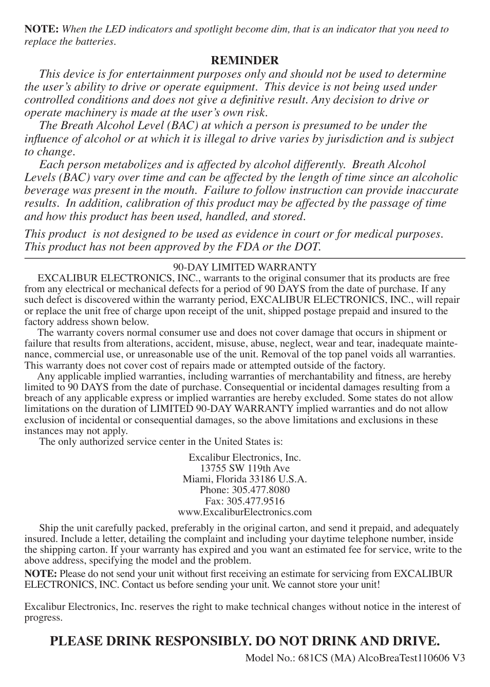 Please drink responsibly. do not drink and drive | EXCALIBUR 681CS Alcohol Breath Tester User Manual | Page 2 / 2