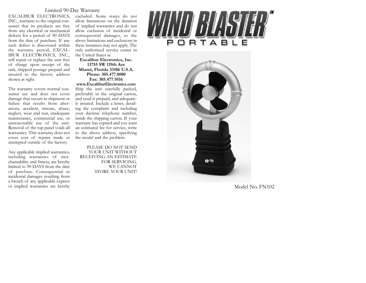 EXCALIBUR FN102 Wind Blaster Portable User Manual | 2 pages