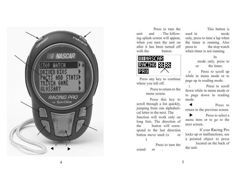 Layout of the racing pro functions of buttons | EXCALIBUR 501 NASCAR Racing Pro User Manual | Page 3 / 11