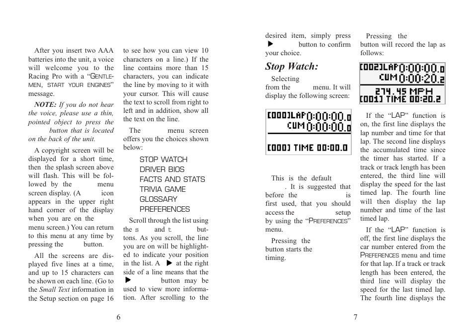 Using your racing pro, Stop watch | EXCALIBUR 501 NASCAR Racing Pro User Manual | Page 4 / 11